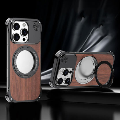 For iPhone 16 Pro Aromatherapy Walnut Wood Borderless Magnetic Holder Phone Case - Titanium Black - EDA010122606B