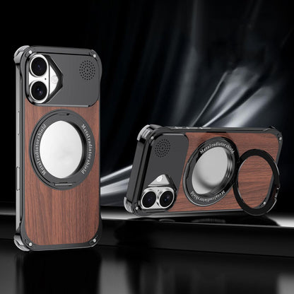 For iPhone 16 Aromatherapy Walnut Wood Borderless Magnetic Holder Phone Case - Titanium Black - EDA010122607B