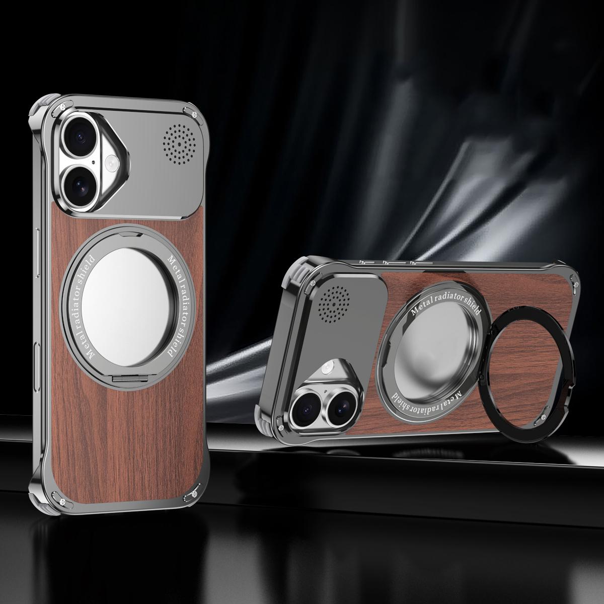 For iPhone 16 Aromatherapy Walnut Wood Borderless Magnetic Holder Phone Case - Titanium Grey - EDA010122607C