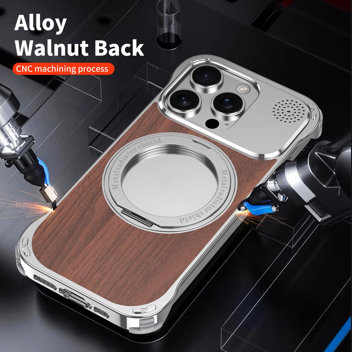 For iPhone 16 Pro Aromatherapy Walnut Wood Borderless Magnetic Holder Phone Case - Titanium Silver - EDA010122606A