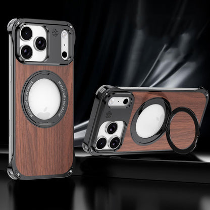 For iPhone 17 Pro Max Aromatherapy Walnut Wood Borderless Magnetic Holder Phone Case - Titanium Black - EDA010122701B