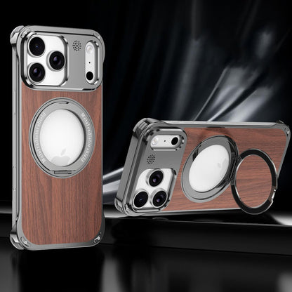 For iPhone 17 Pro Max Aromatherapy Walnut Wood Borderless Magnetic Holder Phone Case - Titanium Grey - EDA010122701C