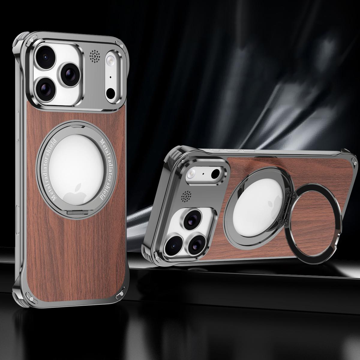 For iPhone 17 Pro Aromatherapy Walnut Wood Borderless Magnetic Holder Phone Case - Titanium Grey - EDA010122702C