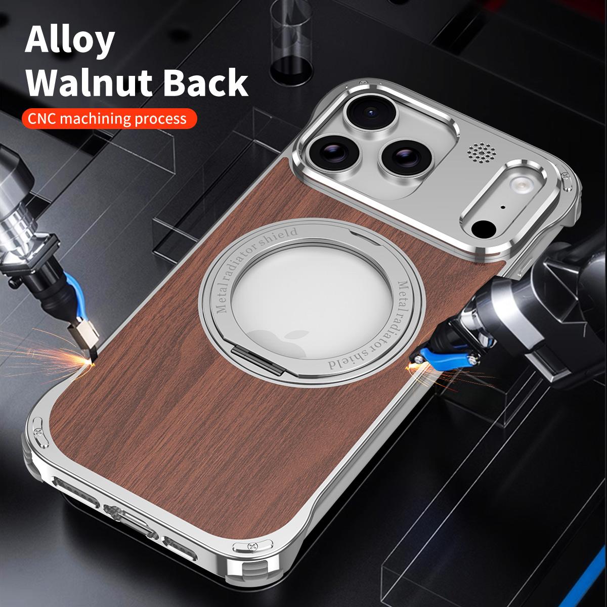 For iPhone 17 Pro Max Aromatherapy Walnut Wood Borderless Magnetic Holder Phone Case - Titanium Silver - EDA010122701A
