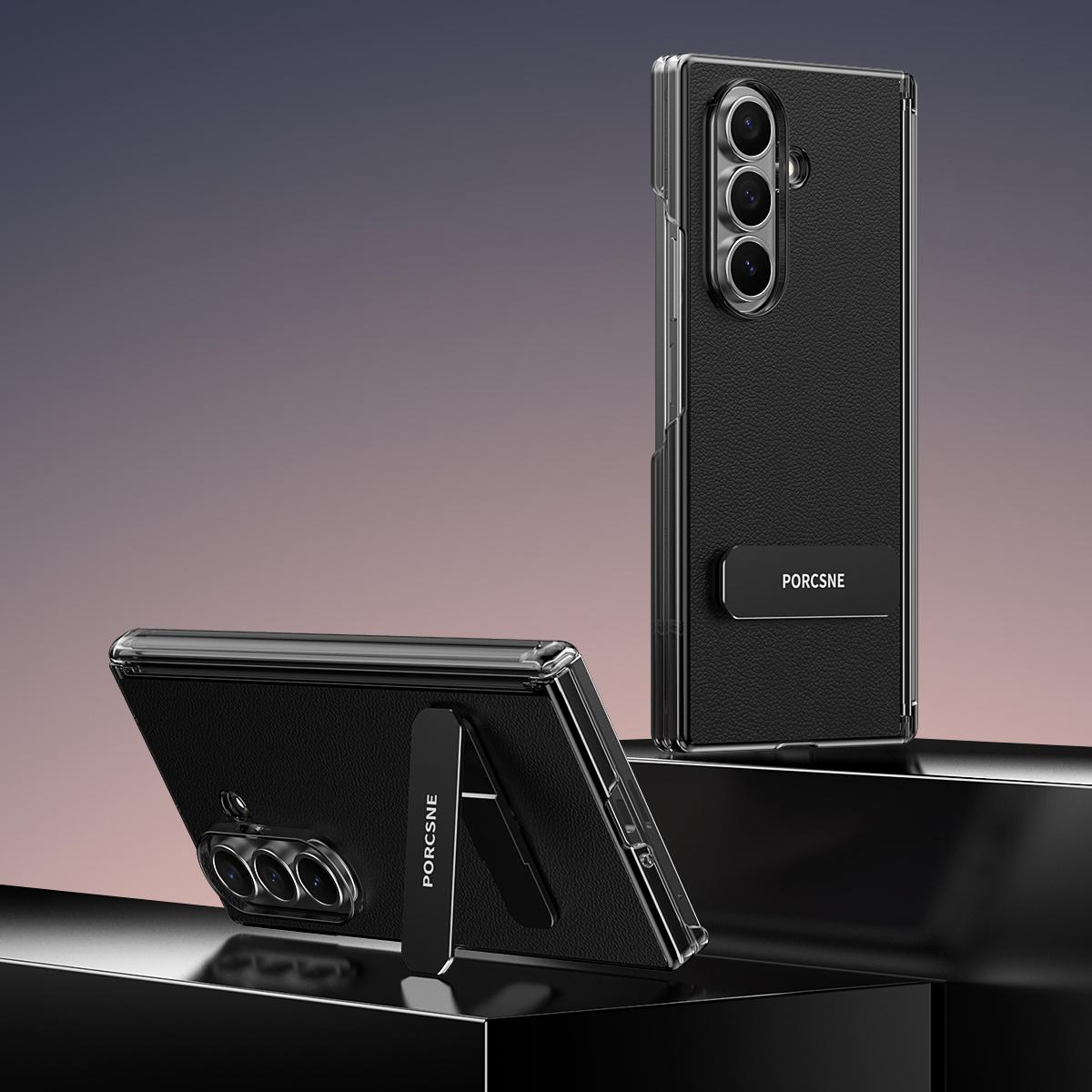 For Galaxy Z Fold8 Ultra 5G Vegan Leather Dual-Hinge 270 Rotation Metal Holder Phone Case - Obsidian Black - EDA010131602A