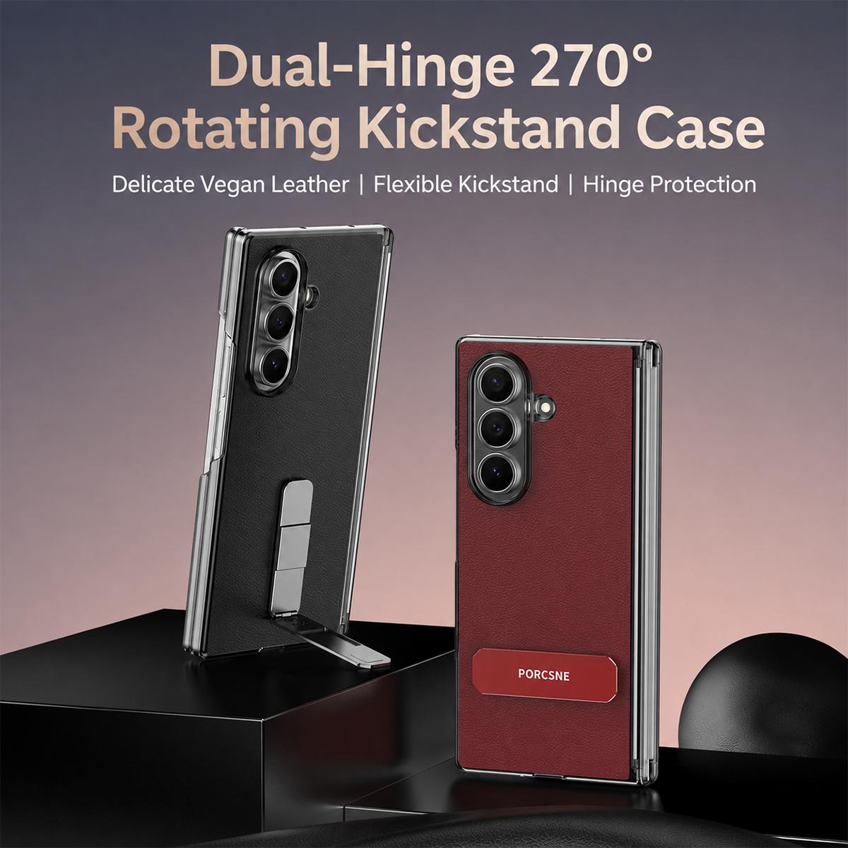 For Galaxy Z Fold8 Ultra 5G Vegan Leather Dual-Hinge 270 Rotation Metal Holder Phone Case - Obsidian Black - EDA010131602A