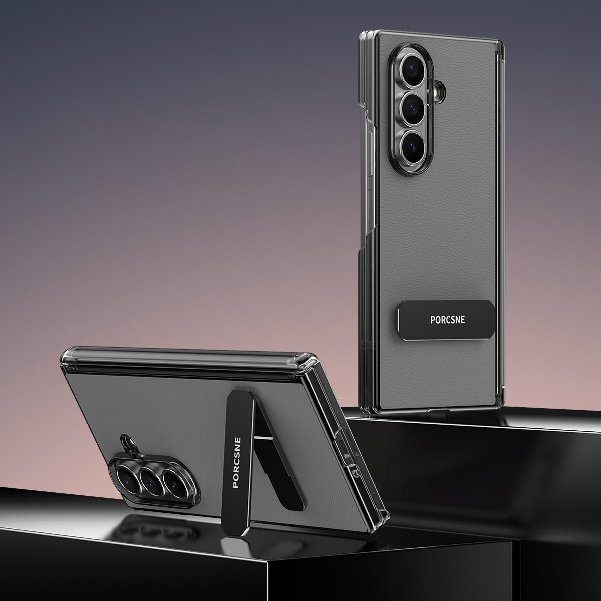 For Galaxy Z Fold8 Ultra 5G Vegan Leather Dual-Hinge 270 Rotation Metal Holder Phone Case - Space Grey - EDA010131602C