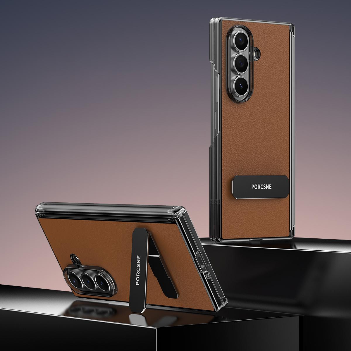 For Galaxy Z Fold8 Ultra 5G Vegan Leather Dual-Hinge 270 Rotation Metal Holder Phone Case - Mature Brown - EDA010131602D
