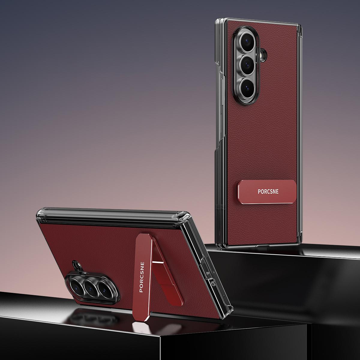 For Galaxy Z Fold8 Ultra 5G Vegan Leather Dual-Hinge 270 Rotation Metal Holder Phone Case - Wine Red - EDA010131602E