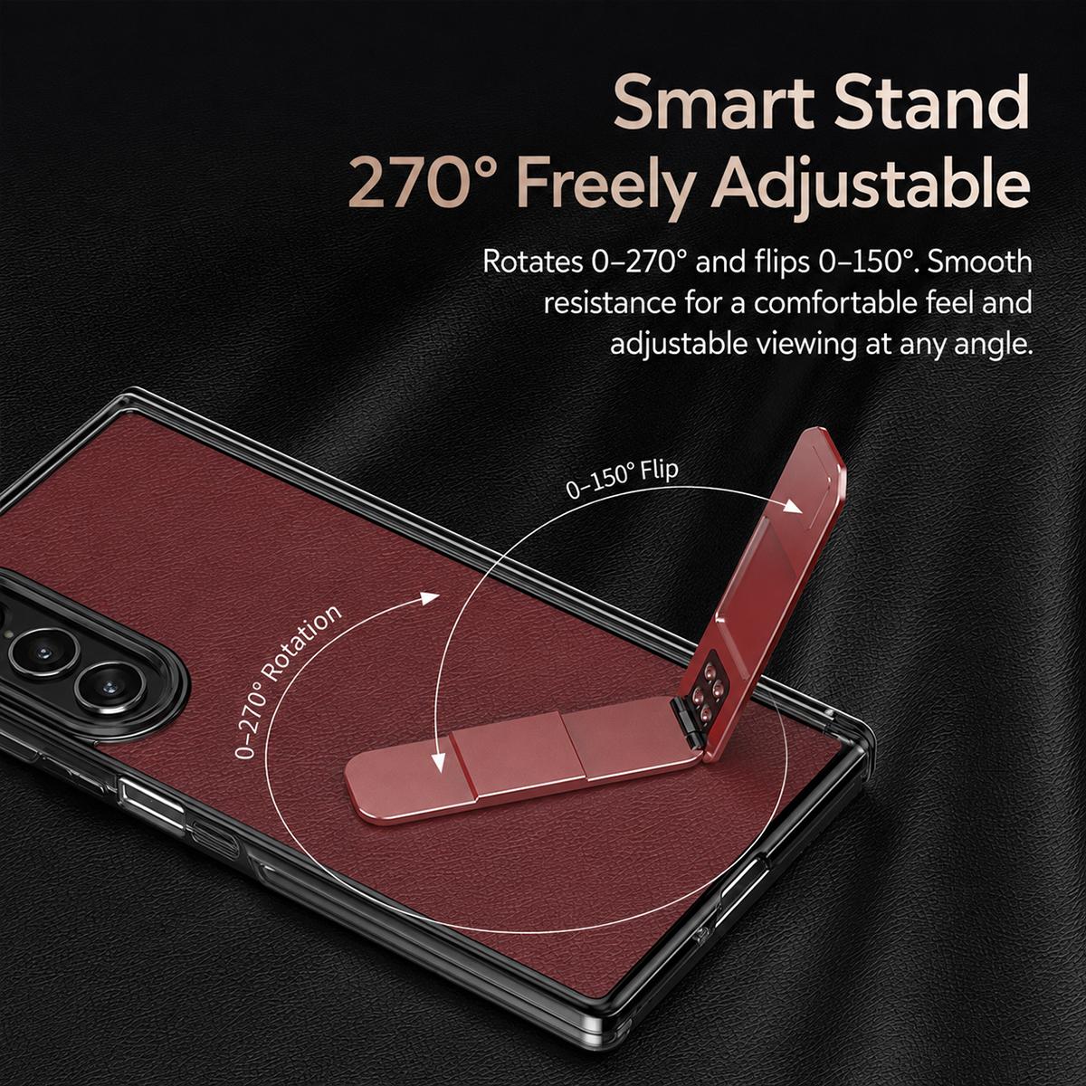 For Galaxy Z Fold7 5G Vegan Leather Dual-Hinge 270 Rotation Metal Holder Phone Case - Obsidian Black - EDA010131603A