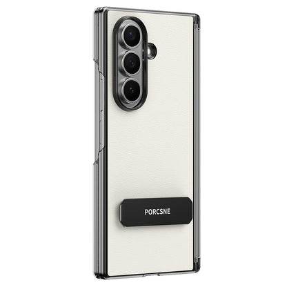 For Galaxy Z Fold7 5G Vegan Leather Dual-Hinge 270 Rotation Metal Holder Phone Case - Feather White - EDA010131603B