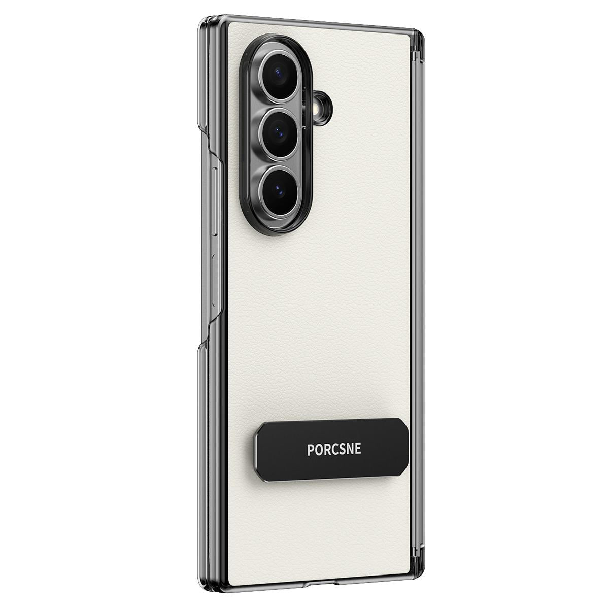 For Galaxy Z Fold5 Vegan Leather Dual-Hinge 270 Rotation Metal Holder Phone Case - Feather White - EDA010131605B