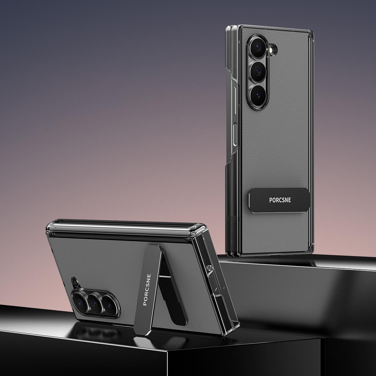 For Galaxy Z Fold5 Vegan Leather Dual-Hinge 270 Rotation Metal Holder Phone Case - Space Grey - EDA010131605C