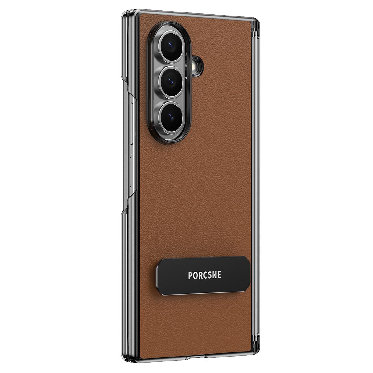 For Galaxy Z Fold5 Vegan Leather Dual-Hinge 270 Rotation Metal Holder Phone Case - Mature Brown - EDA010131605D