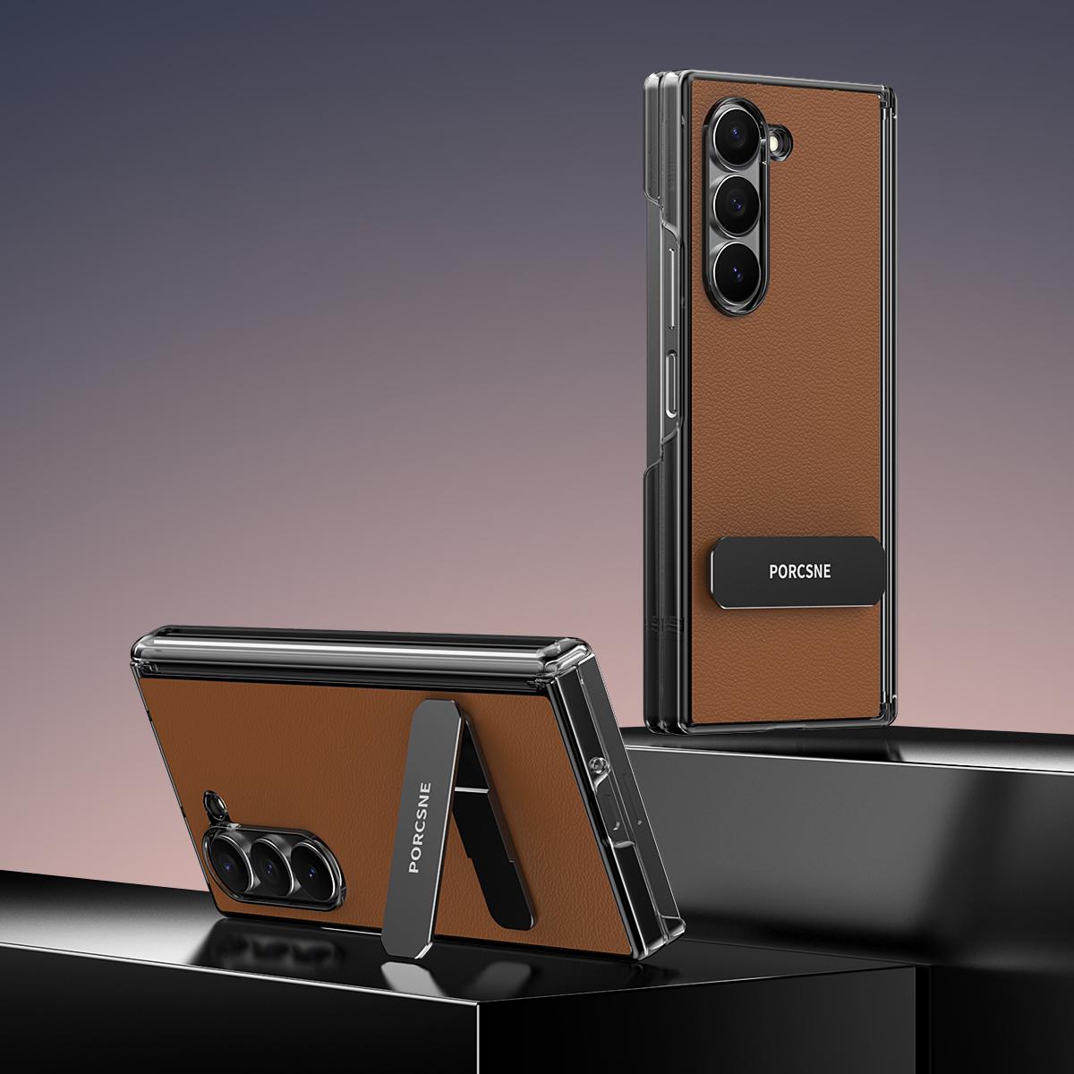 For Galaxy Z Fold5 Vegan Leather Dual-Hinge 270 Rotation Metal Holder Phone Case - Mature Brown - EDA010131605D