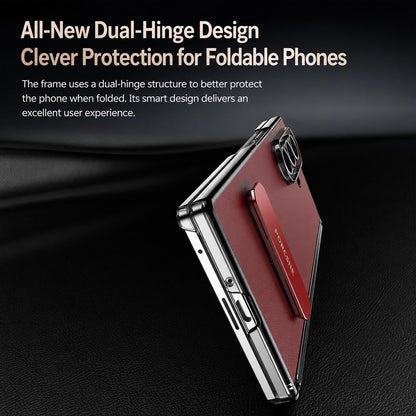 For Galaxy Z Fold5 Vegan Leather Dual-Hinge 270 Rotation Metal Holder Phone Case - Mature Brown - EDA010131605D