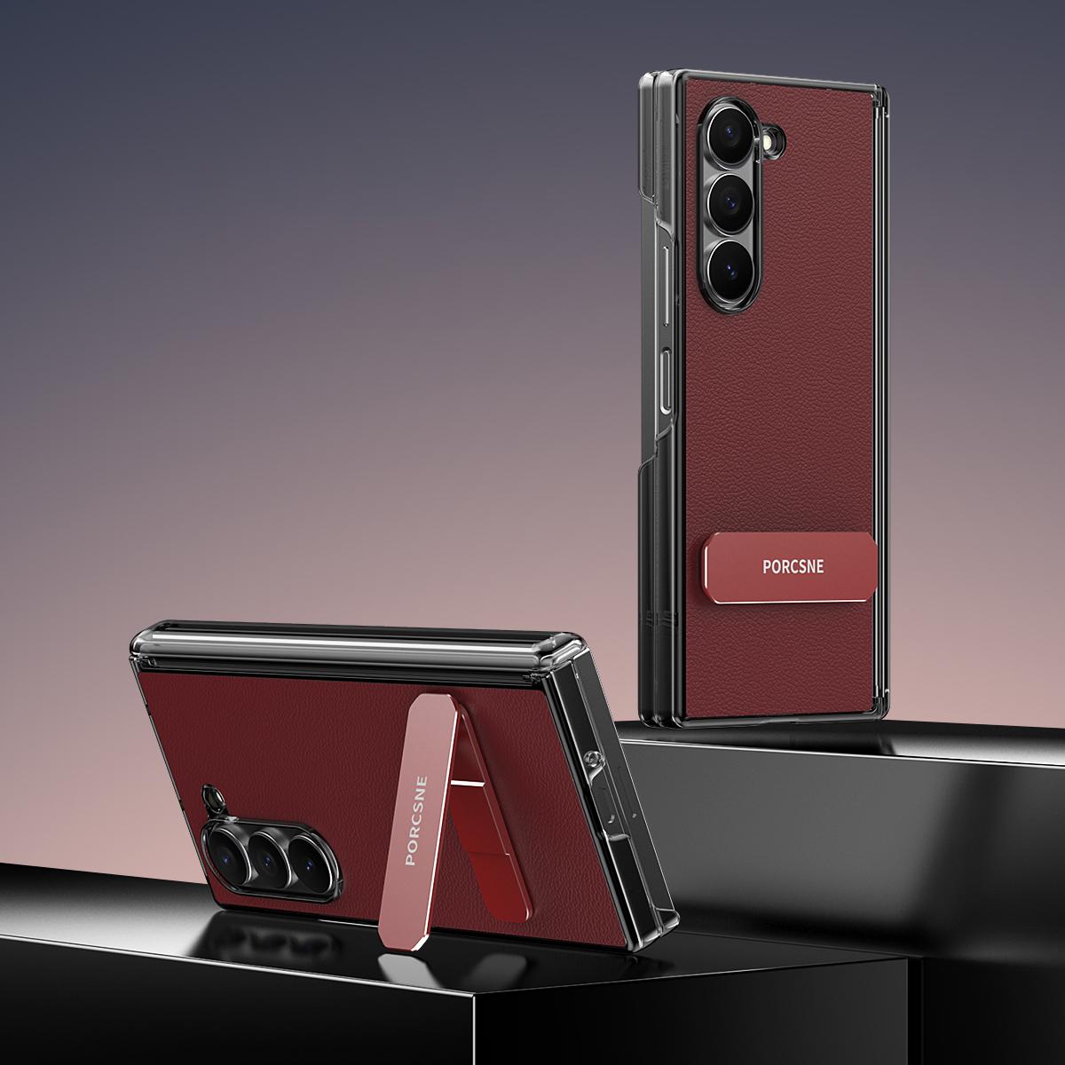 For Galaxy Z Fold5 Vegan Leather Dual-Hinge 270 Rotation Metal Holder Phone Case - Wine Red - EDA010131605E