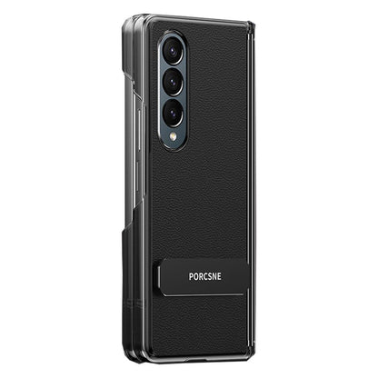 For Galaxy Z Fold4 Vegan Leather Dual-Hinge 270 Rotation Metal Holder Phone Case - Obsidian Black - EDA010131606A