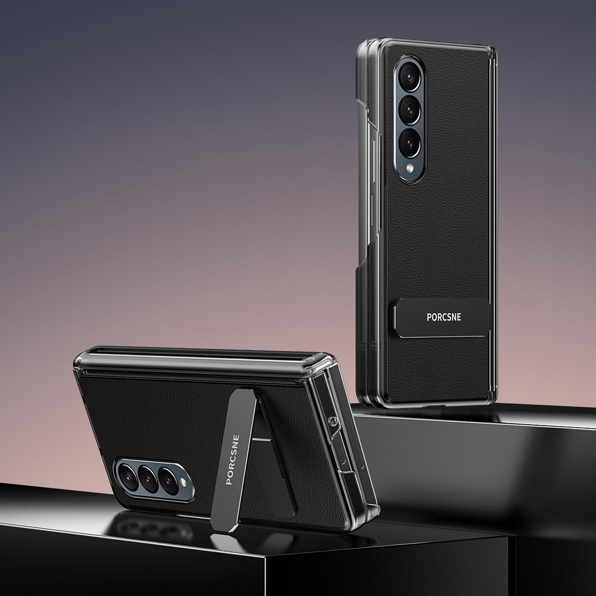 For Galaxy Z Fold4 Vegan Leather Dual-Hinge 270 Rotation Metal Holder Phone Case - Obsidian Black - EDA010131606A