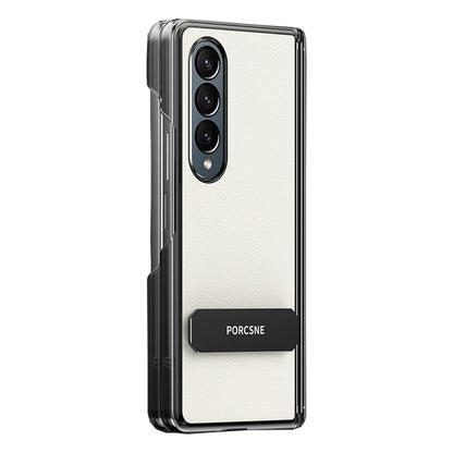 For Galaxy Z Fold4 Vegan Leather Dual-Hinge 270 Rotation Metal Holder Phone Case - Feather White - EDA010131606B