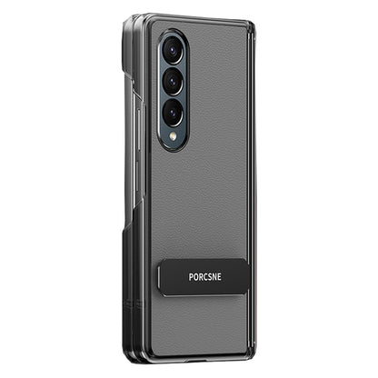 For Galaxy Z Fold4 Vegan Leather Dual-Hinge 270 Rotation Metal Holder Phone Case - Space Grey - EDA010131606C