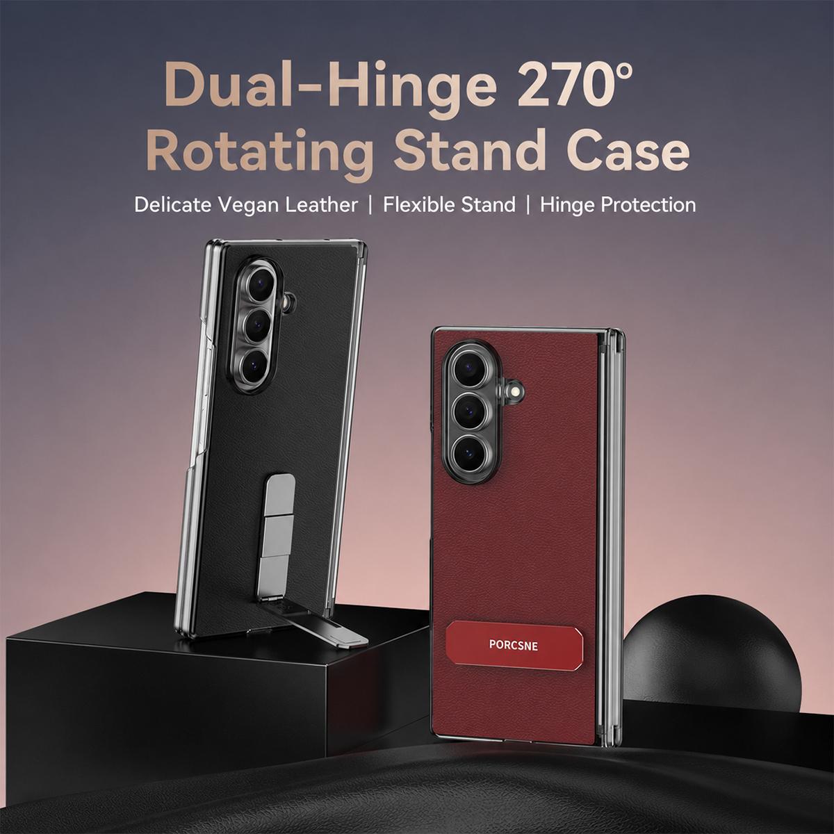 For Galaxy Z Fold4 Vegan Leather Dual-Hinge 270 Rotation Metal Holder Phone Case - Space Grey - EDA010131606C