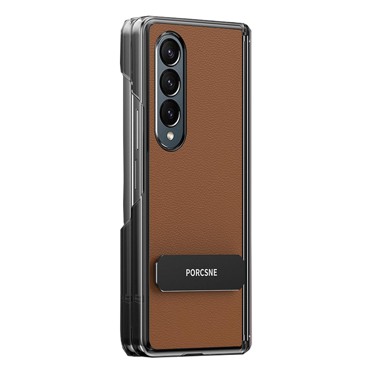 For Galaxy Z Fold4 Vegan Leather Dual-Hinge 270 Rotation Metal Holder Phone Case - Mature Brown - EDA010131606D