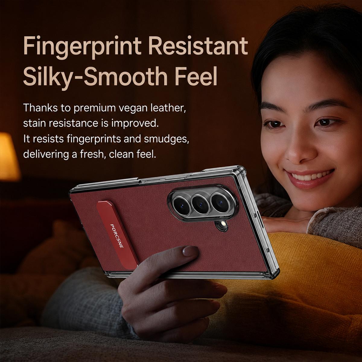 For Galaxy Z Fold4 Vegan Leather Dual-Hinge 270 Rotation Metal Holder Phone Case - Mature Brown - EDA010131606D