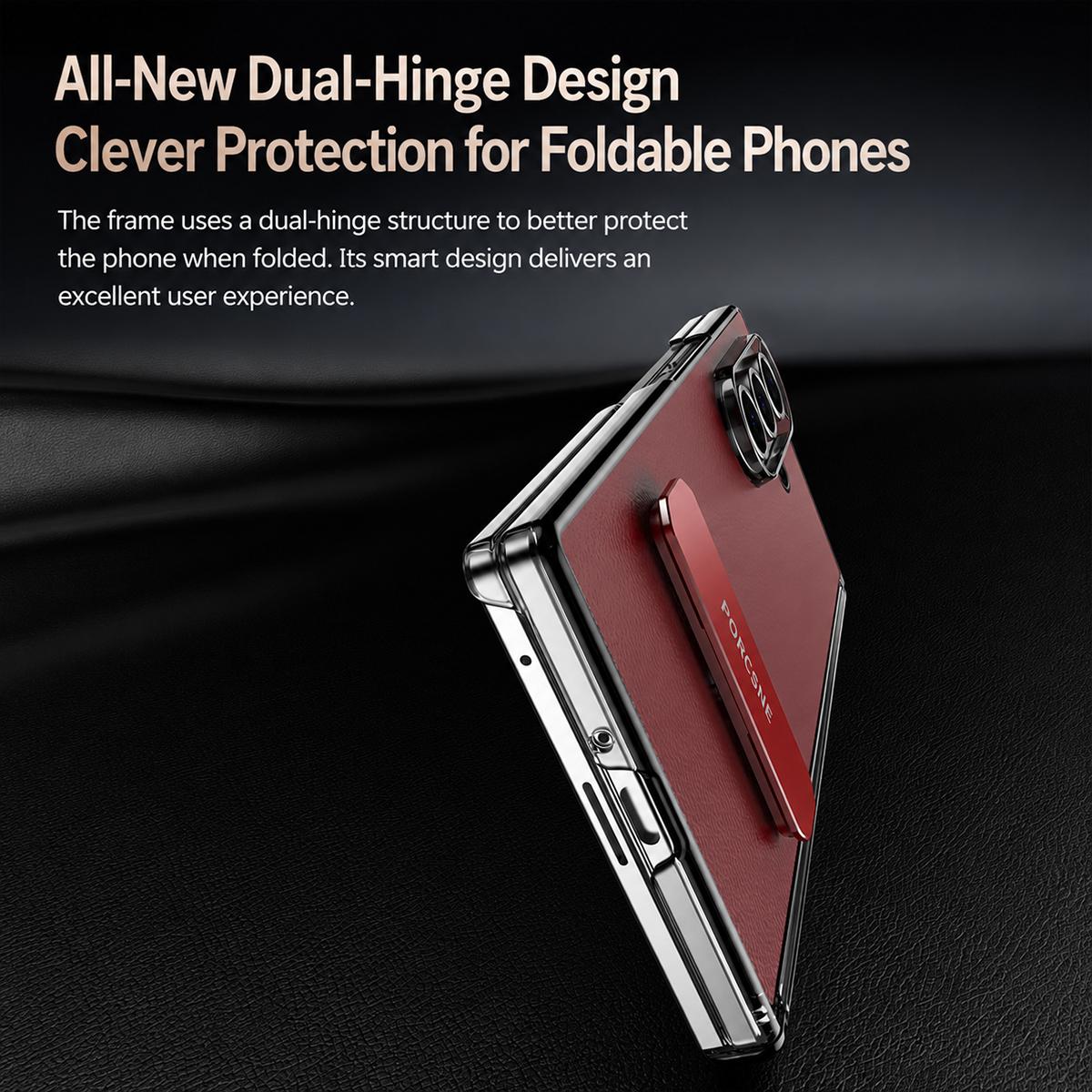 For Galaxy Z Fold4 Vegan Leather Dual-Hinge 270 Rotation Metal Holder Phone Case - Mature Brown - EDA010131606D