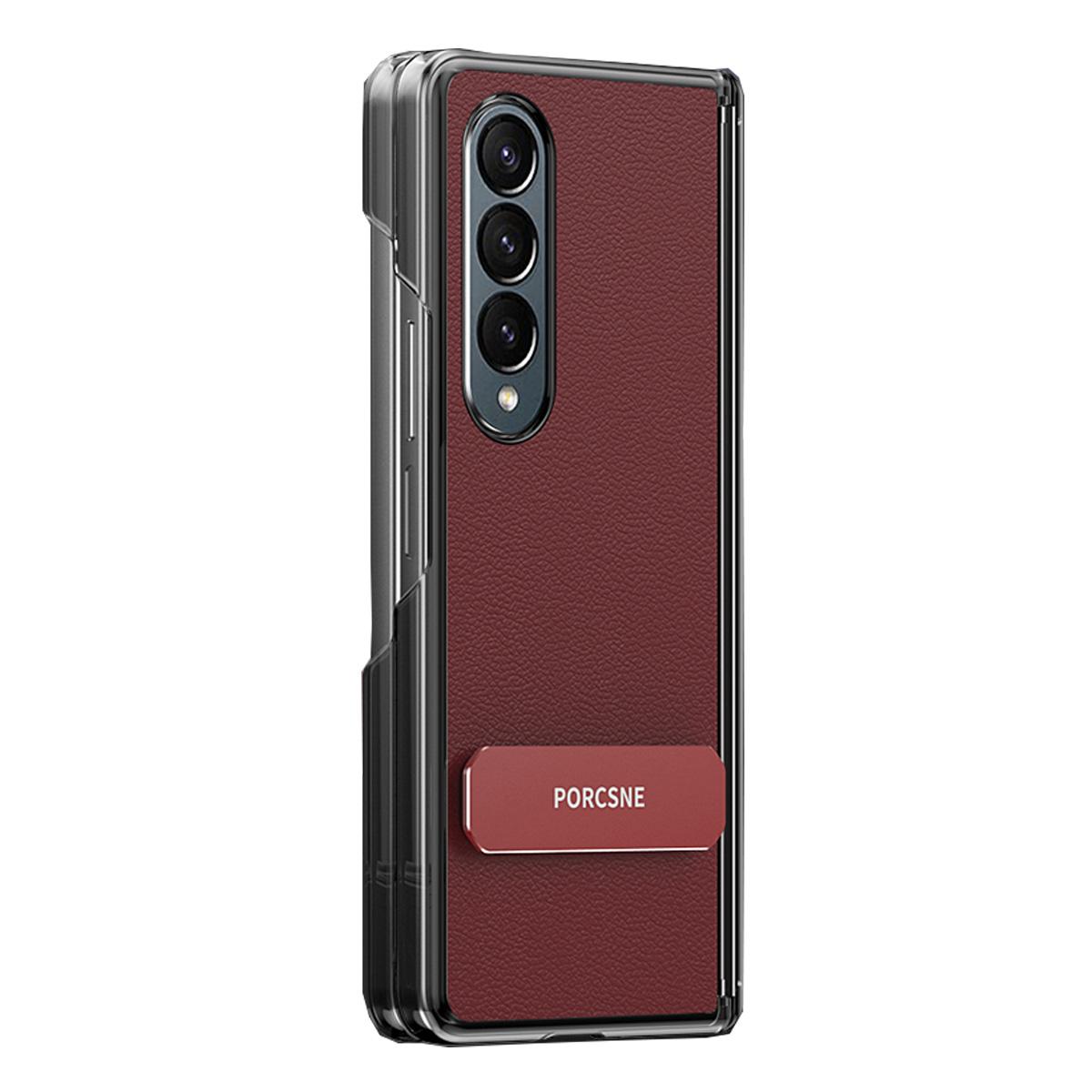 For Galaxy Z Fold4 Vegan Leather Dual-Hinge 270 Rotation Metal Holder Phone Case - Wine Red - EDA010131606E