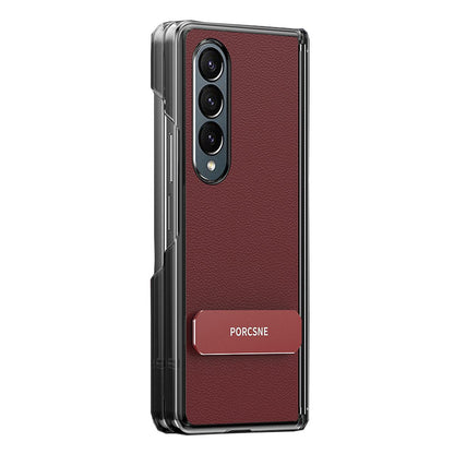 For Galaxy Z Fold4 Vegan Leather Dual-Hinge 270 Rotation Metal Holder Phone Case - Wine Red - EDA010131606E