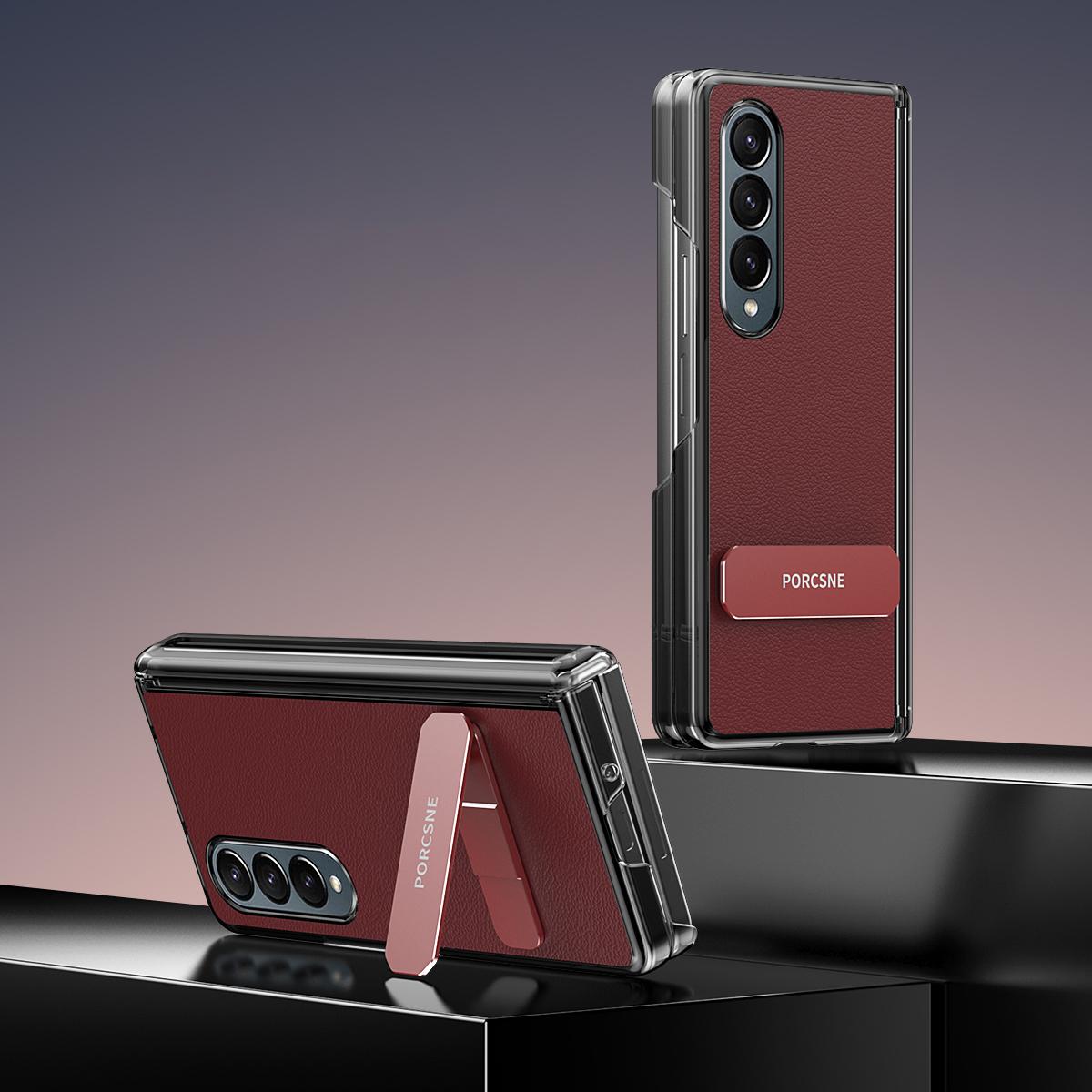 For Galaxy Z Fold4 Vegan Leather Dual-Hinge 270 Rotation Metal Holder Phone Case - Wine Red - EDA010131606E