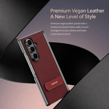 For Galaxy Z Fold4 Vegan Leather Dual-Hinge 270 Rotation Metal Holder Phone Case - Wine Red - EDA010131606E