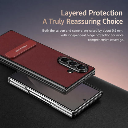 For Galaxy Z Fold4 Vegan Leather Dual-Hinge 270 Rotation Metal Holder Phone Case - Wine Red - EDA010131606E