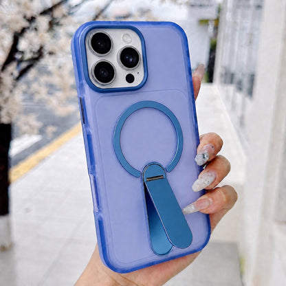 For iPhone 16 Pro Max Color-Block Rotation Bar Holder Magnetic Phone Case with Lens Film - Dark Blue - EDA010131905E