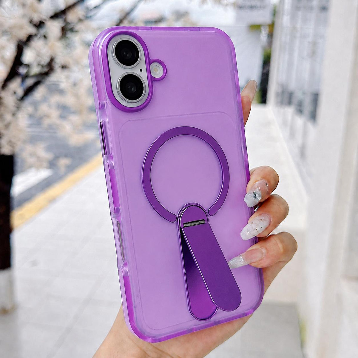 For iPhone 16 Plus Color-Block Rotation Bar Holder Magnetic Phone Case with Lens Film - Purple - EDA010131907C