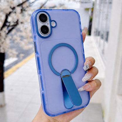 For iPhone 16 Plus Color-Block Rotation Bar Holder Magnetic Phone Case with Lens Film - Dark Blue - EDA010131907E