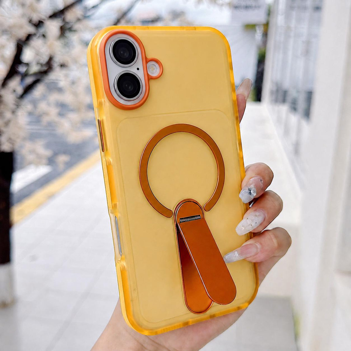 For iPhone 16 Color-Block Rotation Bar Holder Magnetic Phone Case with Lens Film - Orange - EDA010131908A