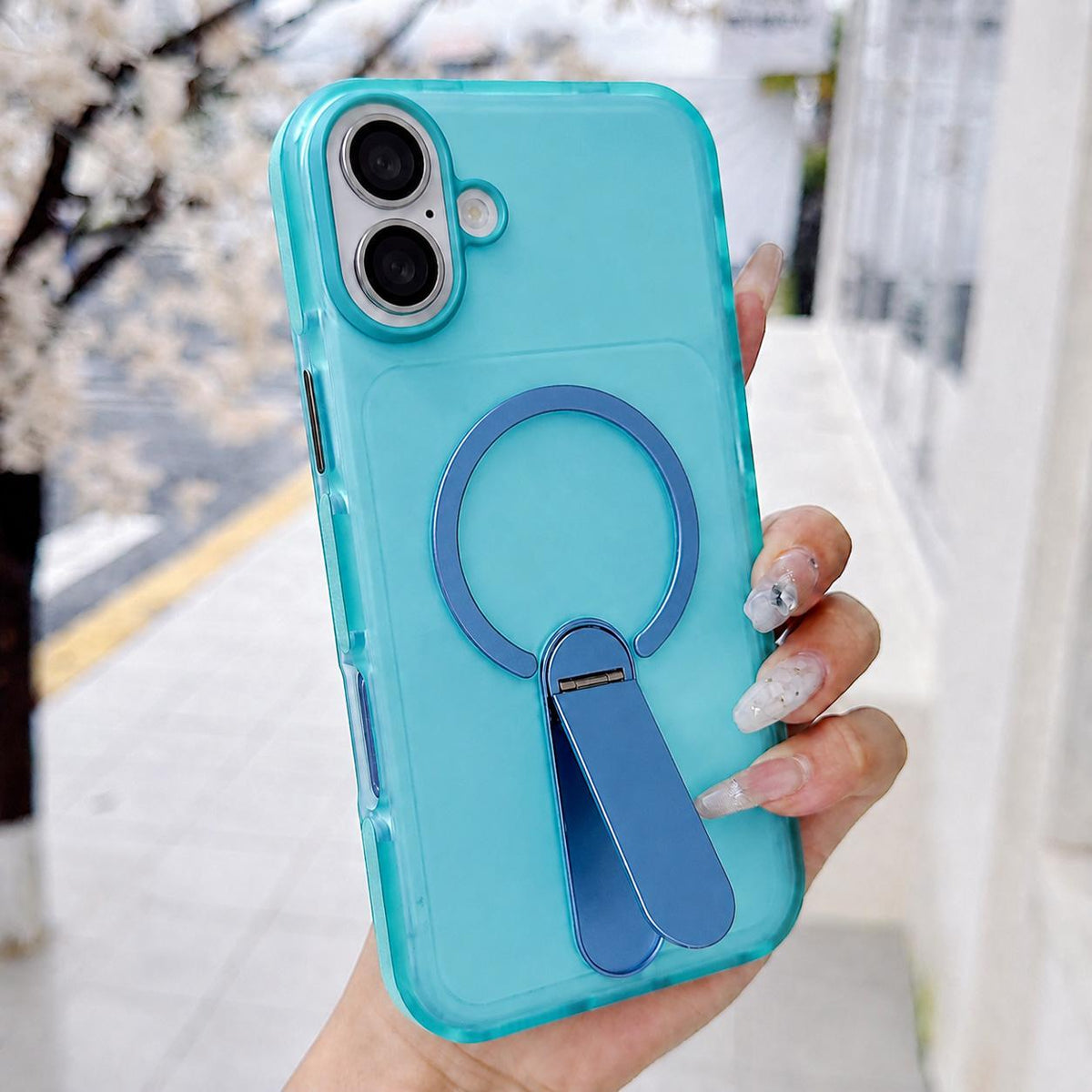 For iPhone 16 Color-Block Rotation Bar Holder Magnetic Phone Case with Lens Film - Sky Blue - EDA010131908B