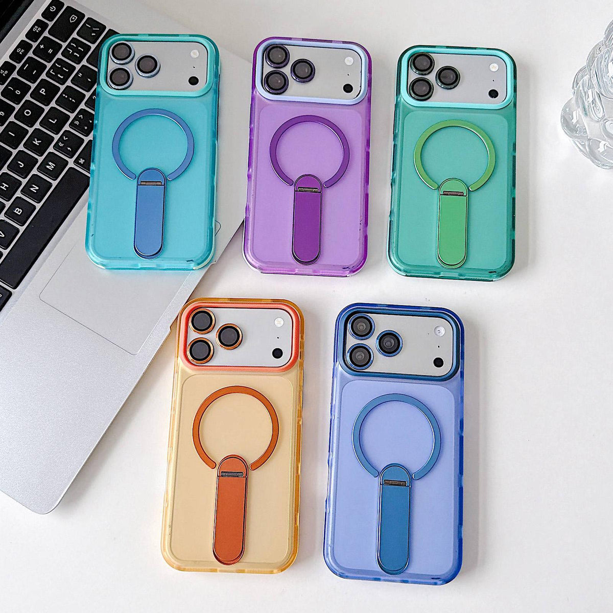 For iPhone 16 Plus Color-Block Rotation Bar Holder Magnetic Phone Case with Lens Film - Orange - EDA010131907A