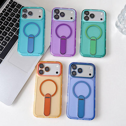 For iPhone 16 Pro Max Color-Block Rotation Bar Holder Magnetic Phone Case with Lens Film - Orange - EDA010131905A