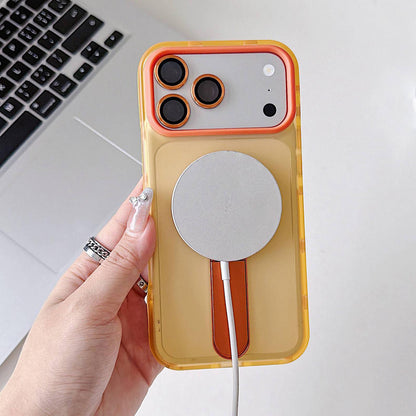For iPhone 16 Color-Block Rotation Bar Holder Magnetic Phone Case with Lens Film - Orange - EDA010131908A