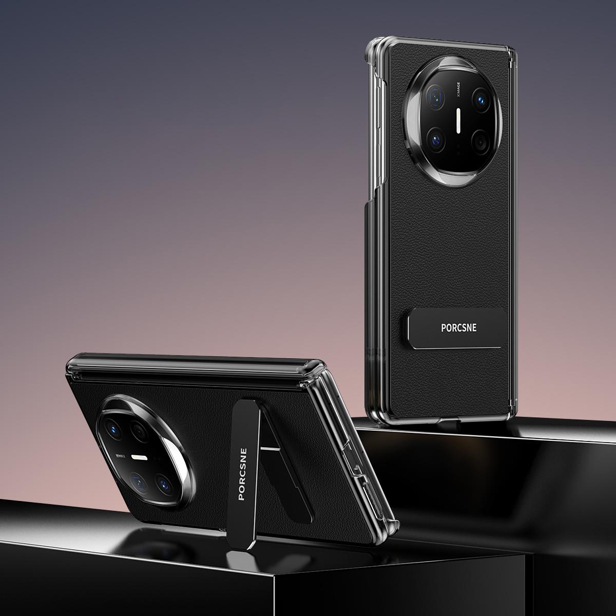 For Huawei Mate X6 Vegan Leather Dual-Hinge 270 Rotation Metal Holder Phone Case - Obsidian Black - EDA010132302A