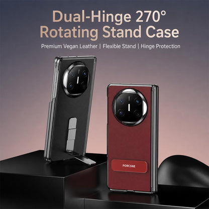For Huawei Mate X6 Vegan Leather Dual-Hinge 270 Rotation Metal Holder Phone Case - Obsidian Black - EDA010132302A