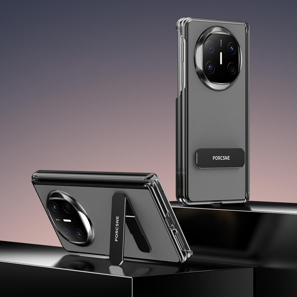 For Huawei Mate X6 Vegan Leather Dual-Hinge 270 Rotation Metal Holder Phone Case - Space Grey - EDA010132302C