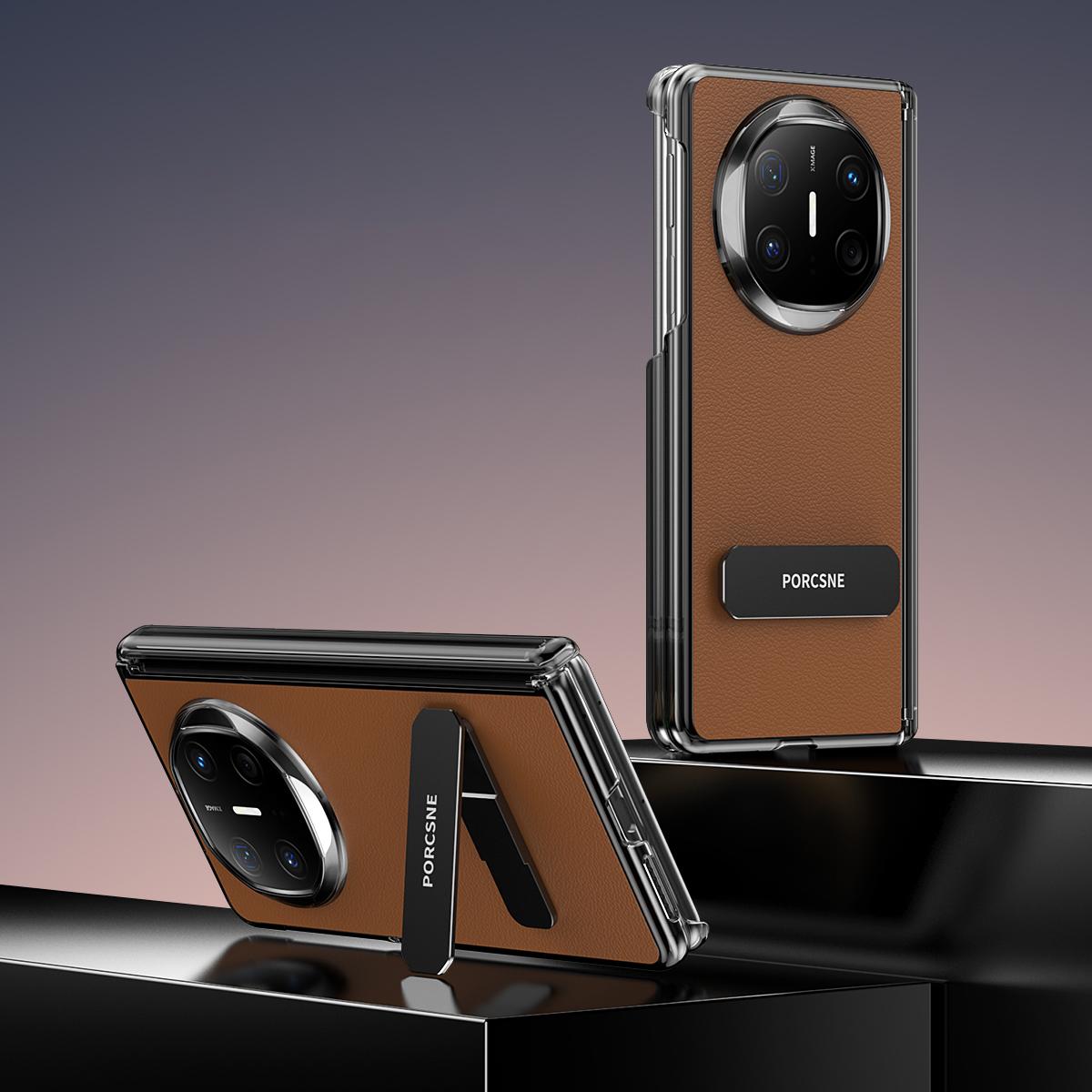 For Huawei Mate X6 Vegan Leather Dual-Hinge 270 Rotation Metal Holder Phone Case - Mature Brown - EDA010132302D