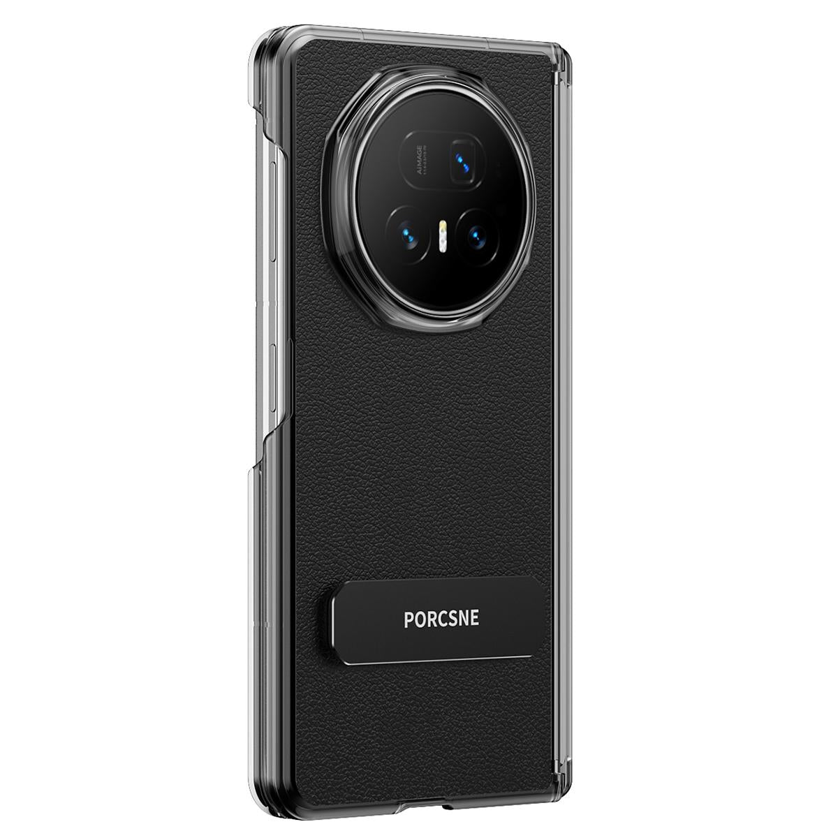 For Honor Magic V6 Vegan Leather Dual-Hinge 270 Rotation Metal Holder Phone Case - Obsidian Black - EDA010134302A