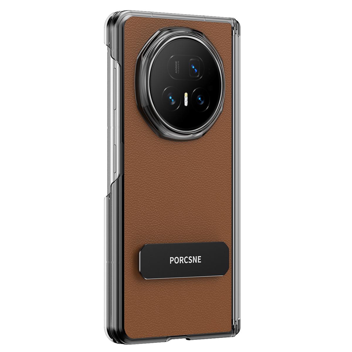 For Honor Magic V6 Vegan Leather Dual-Hinge 270 Rotation Metal Holder Phone Case - Mature Brown - EDA010134302D