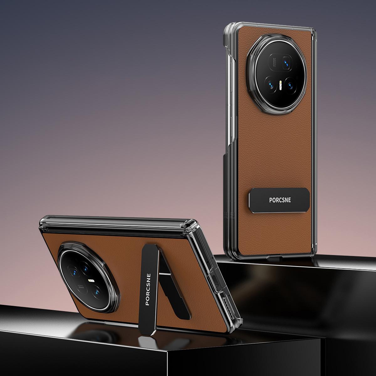 For Honor Magic V6 Vegan Leather Dual-Hinge 270 Rotation Metal Holder Phone Case - Mature Brown - EDA010134302D