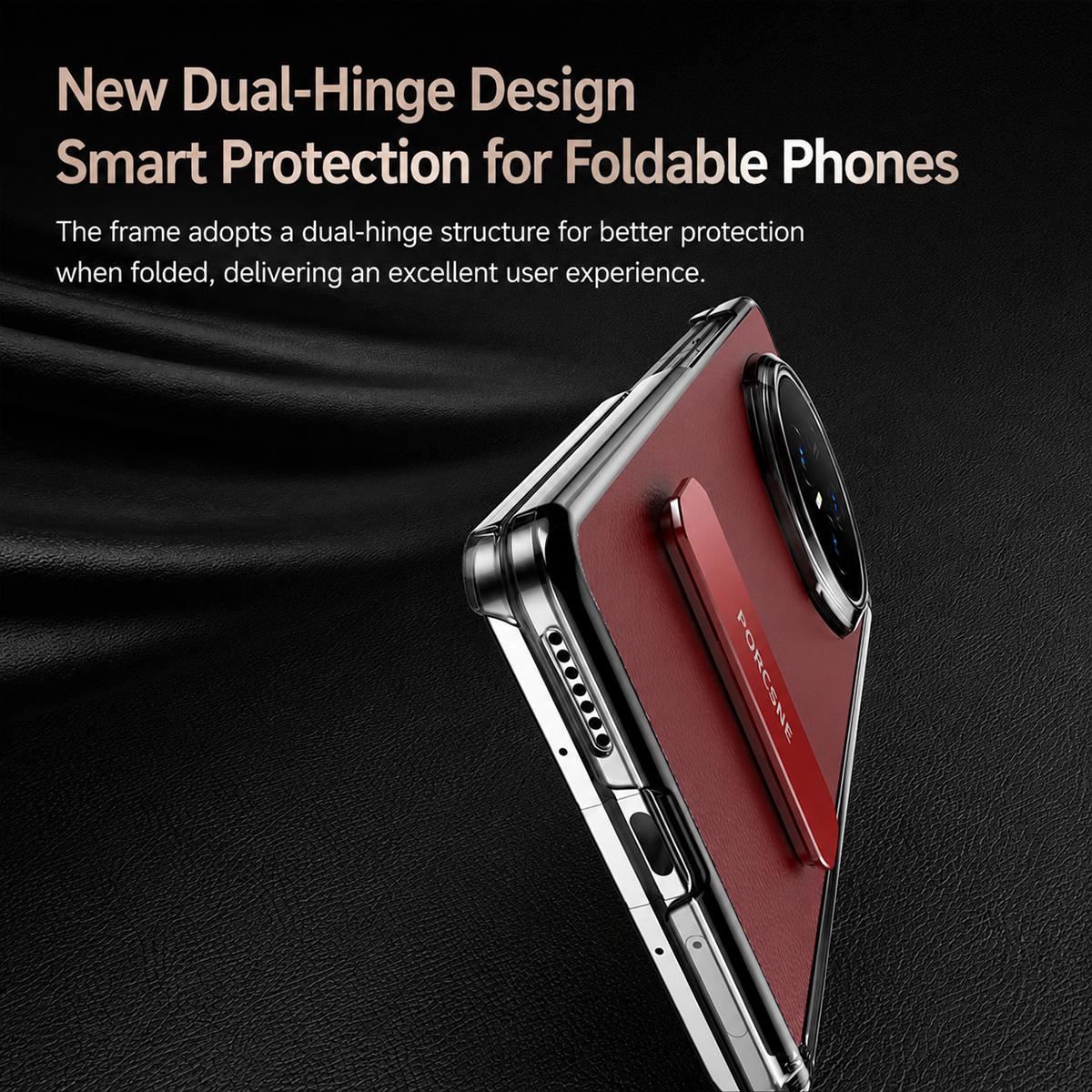 For Honor Magic V6 Vegan Leather Dual-Hinge 270 Rotation Metal Holder Phone Case - Mature Brown - EDA010134302D